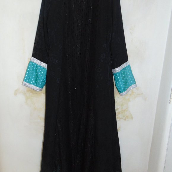 Ashraf Saleem Caftan Dress Long Black Kaftan Silver Embroidery Beads Sz S Hi Low - Picture 11 of 12